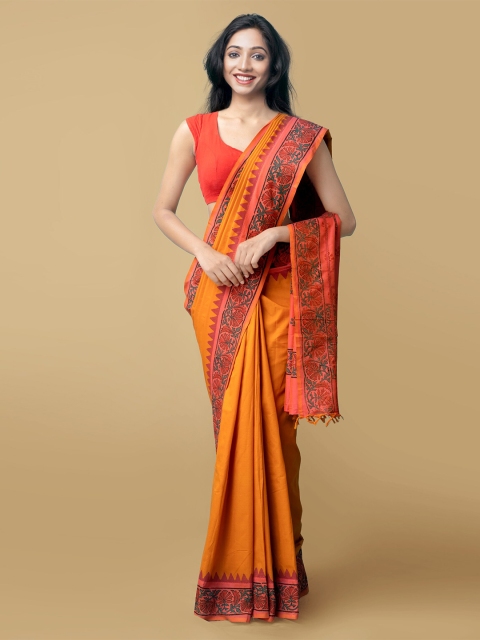 Unnati Silks Orange & Peach-Coloured Floral Printed Block Print Saree