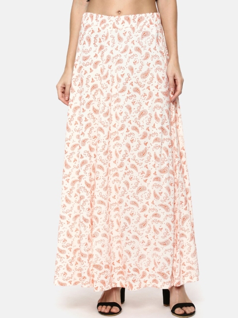 YCANF Women Off White & Orange Printed Flared Maxi Skirt