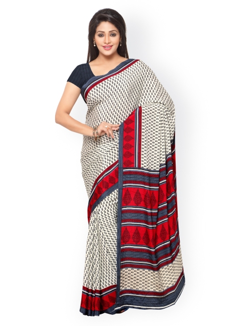 Ligalz White & Red Crepe Printed Saree