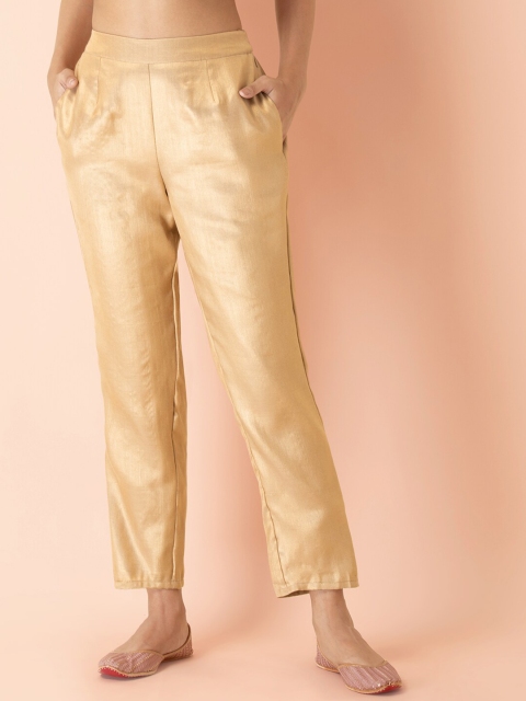Earthen BY INDYA Women Gold-Toned Solid Cigarette Trousers