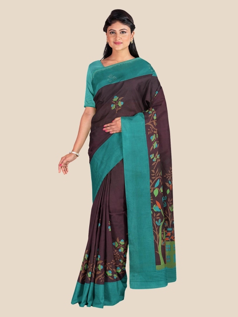 KLM Fashion Mall Purple & Blue Floral Silk Blend Banarasi Saree