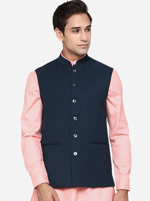 MODI JACKET Men Navy Blue Solid Woven Nehru Jacket