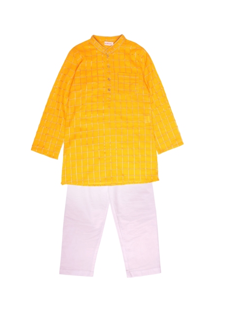 My Little Lambs Boys Yellow & White Regular Pure Cotton Kurta With Pyjamas