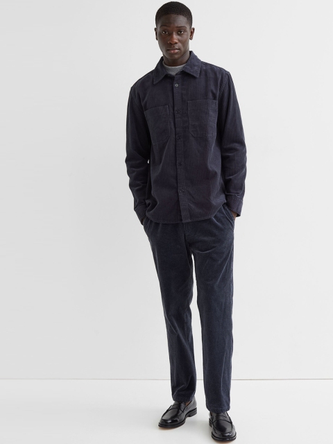 H&M Men Navy Blue Solid Regular Fit Corduroy Trousers