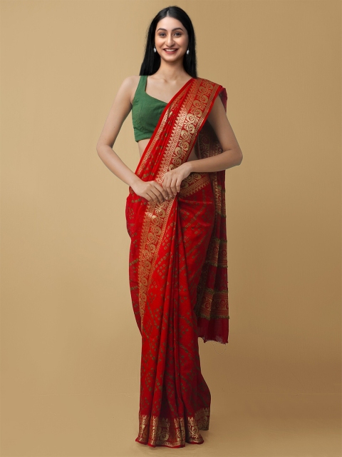 Unnati Silks Red & Green Bandhani Zari Silk Cotton Bandhani Saree