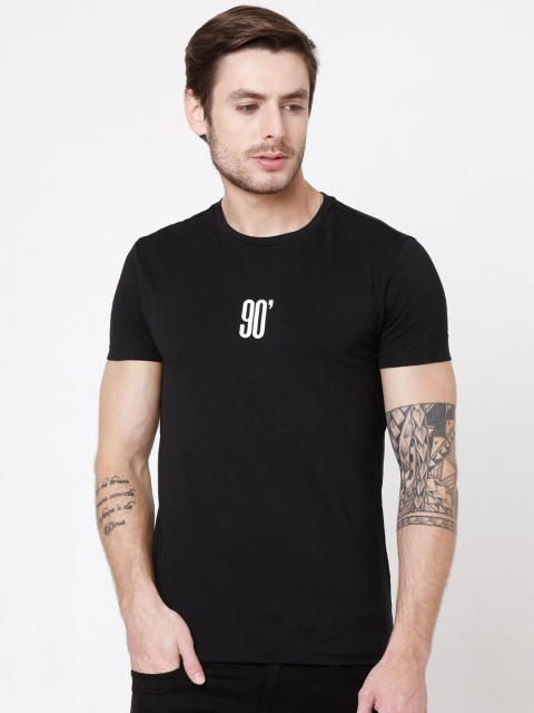 Rex Straut Jeans Men Black Typography Printed Applique Slim Fit T-shirt