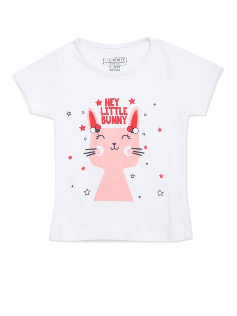 Cherokee Girls White Typography Printed Pure Cotton T-shirt
