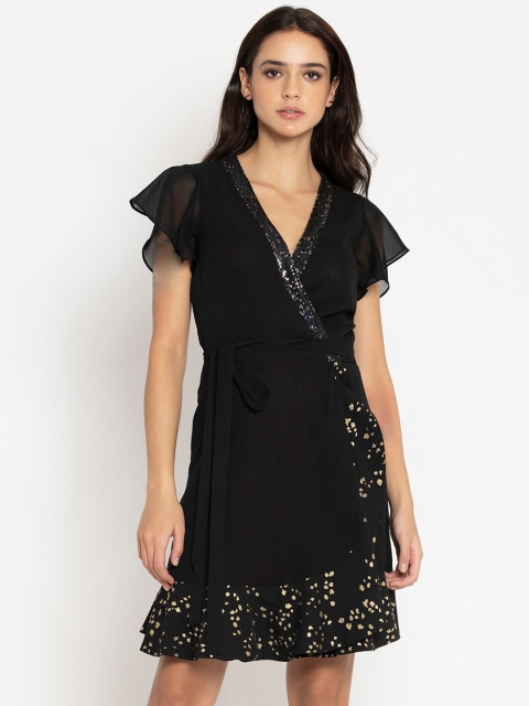 SHAYE Black & Gold-Toned Georgette Dress
