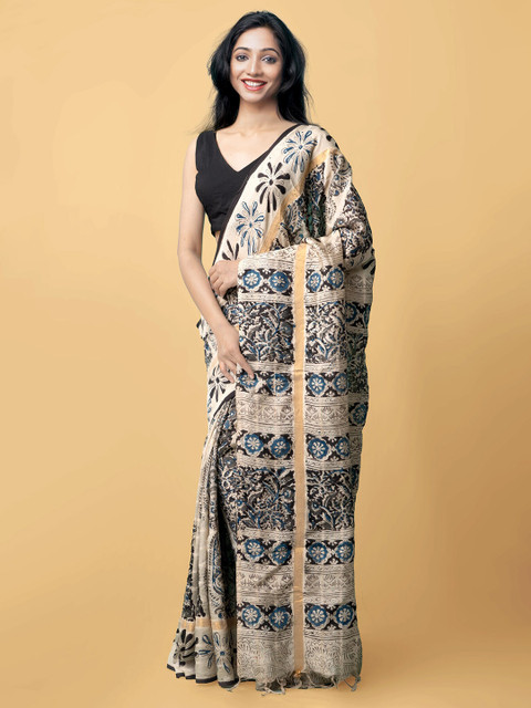 Unnati Silks Multicoloured Kalamkari Pure Silk Block Print Saree, Multi 
Unnati Silks Multicoloured Kalamkari Pure Silk Block Print Saree, Multi