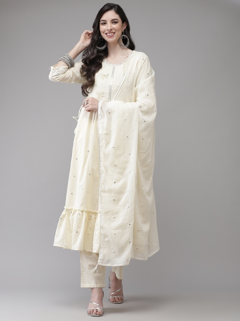 Yufta Women Cream-Coloured Embroidered Panelled Pure Cotton Kurta with Trousers & With Dupatta
Yufta Women Cream-Coloured Embroidered Panelled Pure Cotton Kurta with Trousers & With Dupatta