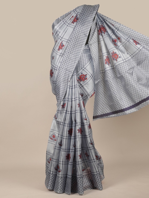 Pothys Grey & Red Floral Saree
