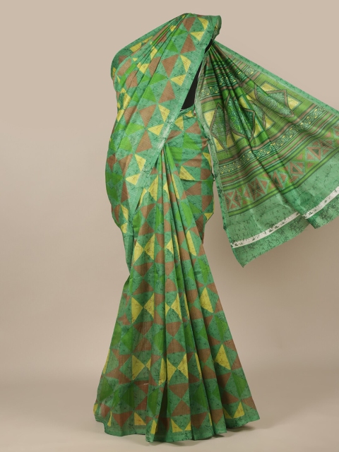 Pothys Green & Brown Cotton Blend Saree