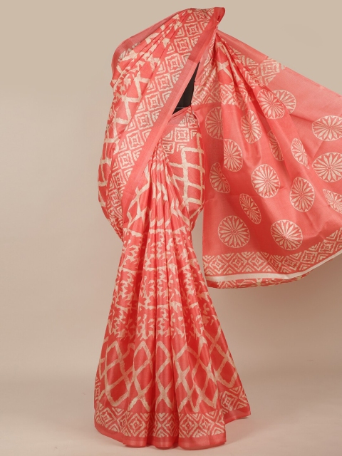Pothys Coral & Off White Batik Printed Cotton Blend Saree