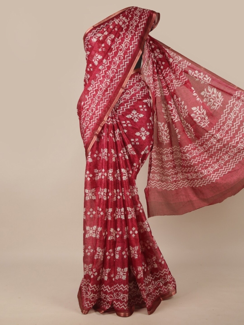 Pothys Pink & Off White Ethnic Motifs Jute Silk Saree
