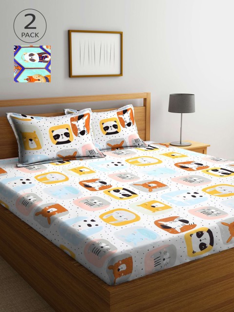 KLOTTHE White & Yellow Cartoon Characters 210 TC 2 King Bedsheet with 4 Pillow Covers