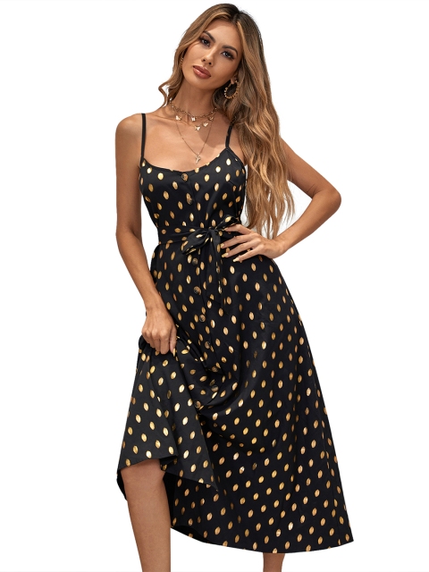 URBANIC Black & Golden Polka Dots Print A-Line Midi Dress with Belt