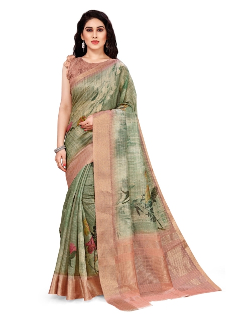 KALINI Green & Pink Floral Printed Saree