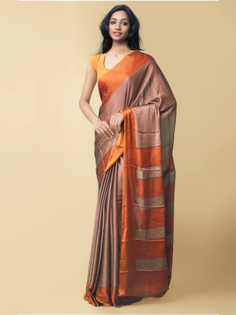 Unnati Silks Red & Orange Ethnic Motifs Block Print Saree