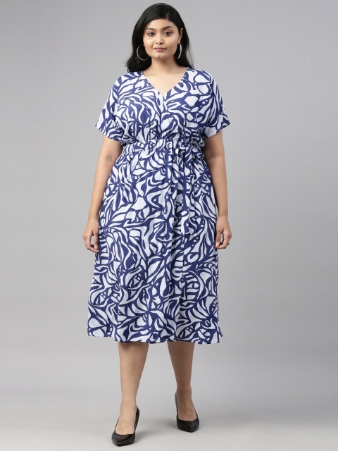 The Pink Moon Women Blue & White Printed Wrap Midi Dress