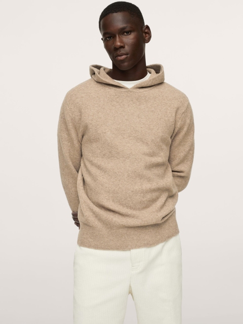 MANGO MAN Beige Solid Hooded Pullover