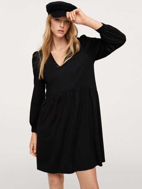 MANGO Black Solid A-Line Dress