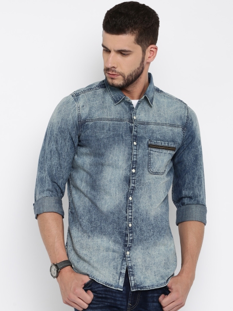 United Colors of Benetton Men Blue Washed Denim Shirt