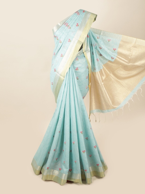 Pothys Blue & Gold-Toned Floral Embroidered Zari Border Saree