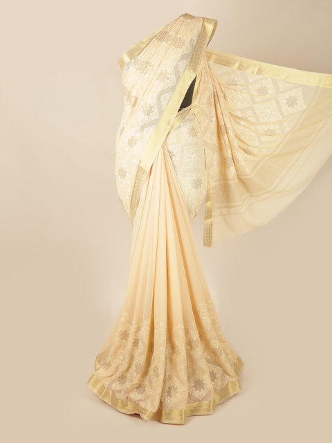 Pothys Cream-Coloured & Gold-Toned Floral Saree