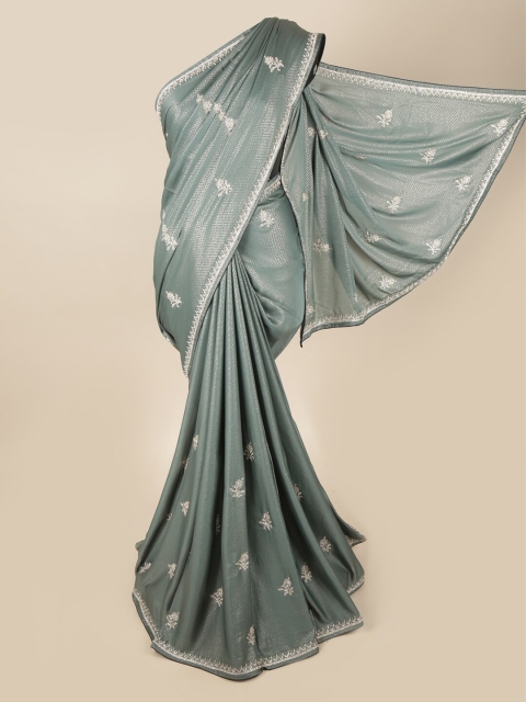 Pothys Grey & Silver Ethnic Motifs Beads and Stones Satin Saree