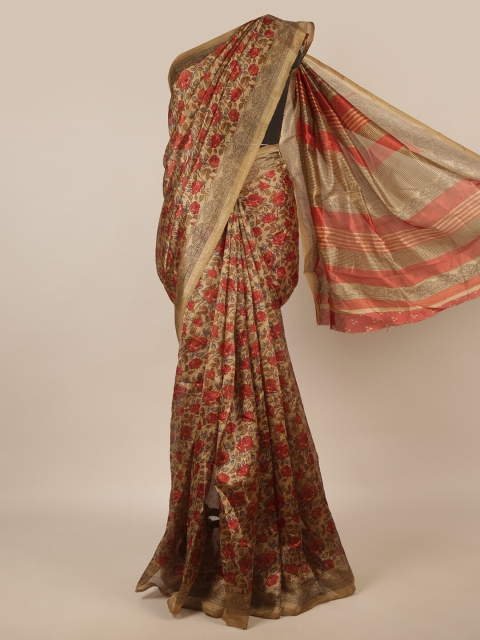 Pothys Tan & Red Floral Saree