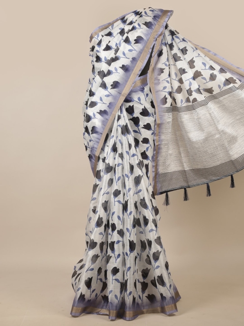 Pothys White & Black Floral Printed Saree