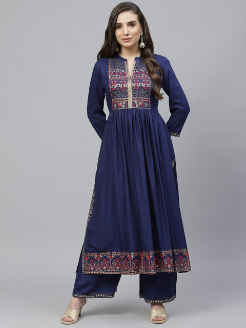 Tulsattva Women Navy Blue & Red Ethnic Motifs Embroidered Panelled Festive Kurta & Palazzo
Tulsattva Women Navy Blue & Red Ethnic Motifs Embroidered Panelled Festive Kurta & Palazzo