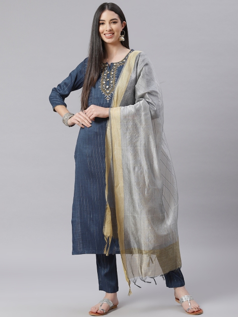 Tulsattva Women Teal Blue & Beige Striped Thread Work Detail Kurta with Trousers & Dupatta
Tulsattva Women Teal Blue & Beige Striped Thread Work Detail Kurta with Trousers & Dupatta