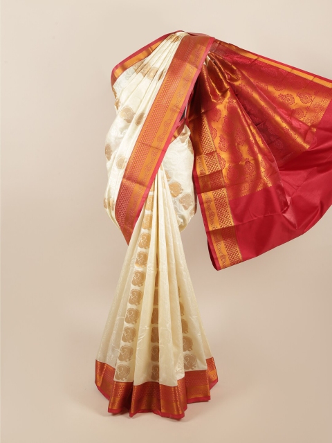 Pothys Cream-Coloured & Red Ethnic Motifs Zari Art Silk Saree