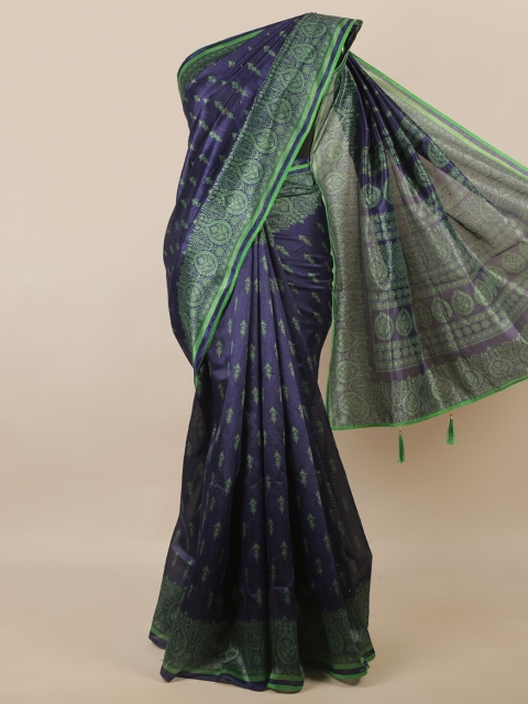 Pothys Navy Blue & Green Floral Printed Saree