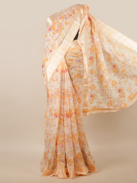Pothys Peach-Coloured & Cream-Coloured Floral Saree