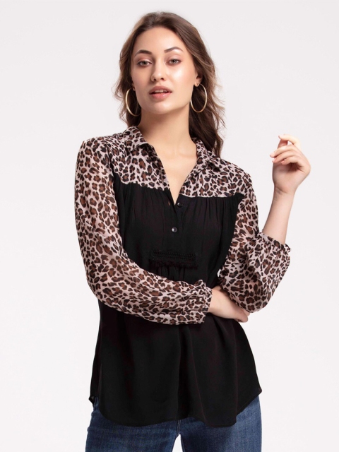 SHAYE Black Animal Skin Printed Shirt Style Top