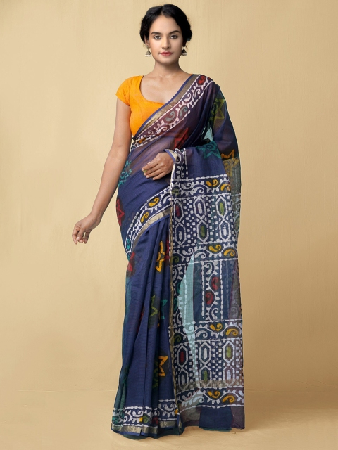 Unnati Silks Blue & White Batik Zari Pure Cotton Kota Saree
