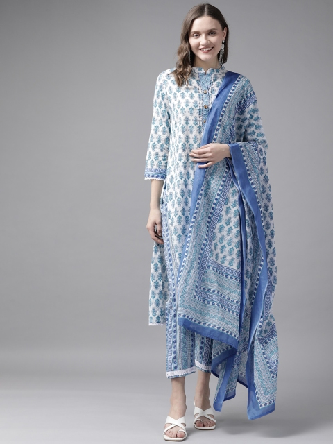Yufta Women White & Blue Ethnic Hand Block Print Pure Cotton Kurta with Trousers & Dupatta
Yufta Women White & Blue Ethnic Hand Block Print Pure Cotton Kurta with Trousers & Dupatta