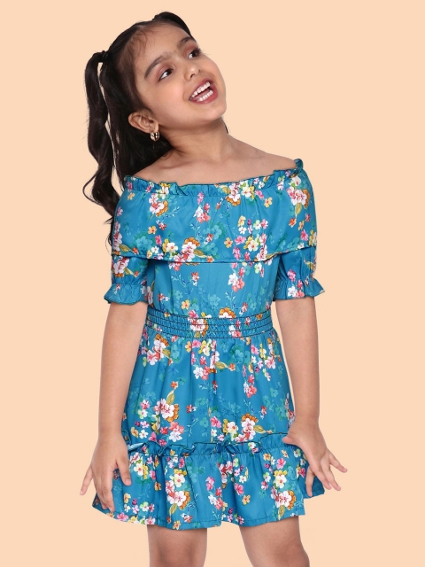 Yuvraah Girls Multicoloured Floral A-Line Midi Dress, Multi