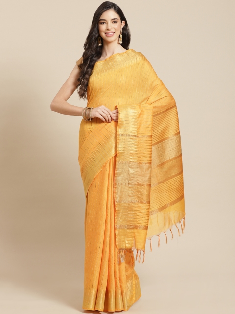 swatika Mustard Yellow & Golden Striped Zari Silk Blend Bhagalpuri Saree