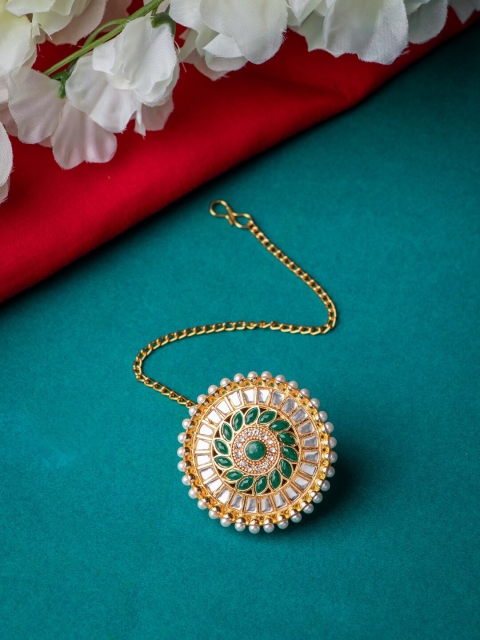 MORKANTH JEWELLERY Gold-Plated White & Green Kundan Stone Studded & Beaded Borla Maang Tikka
MORKANTH JEWELLERY Gold-Plated White & Green Kundan Stone Studded & Beaded Borla Maang Tikka
