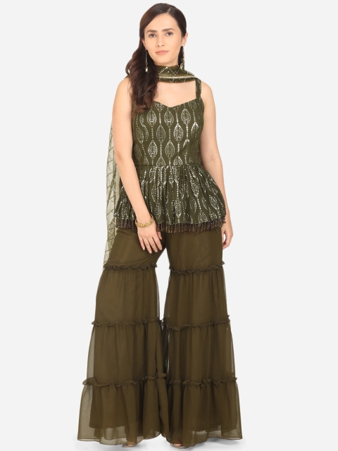 BOMBAY SELECTIONS Women Olive Green Floral Sequinned Kurti With Sharara & Net Dupatta
BOMBAY SELECTIONS Women Olive Green Floral Sequinned Kurti With Sharara & Net Dupatta