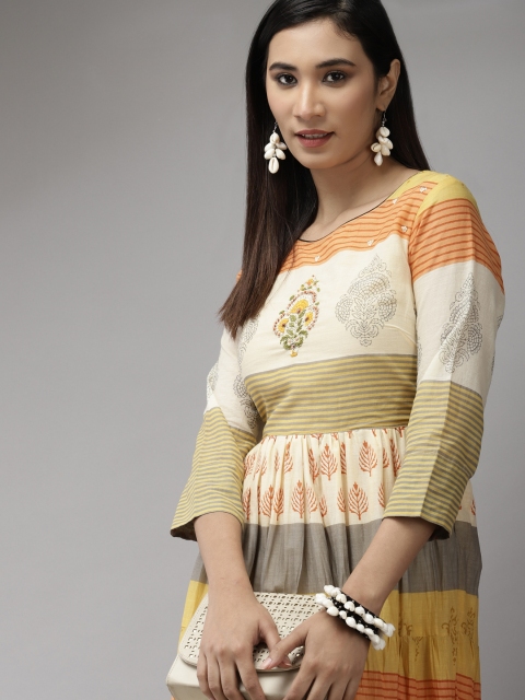 Indo Era Off White & Yellow Ethnic Motifs A-Line Maxi Dress