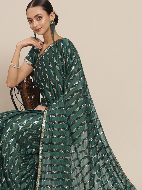 Mitera Green & Golden Sequinned Embellished Saree