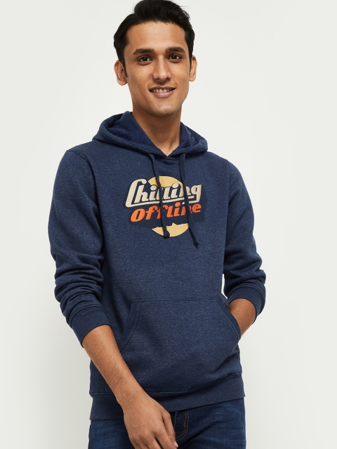 max Men Navy Blue Printed Hooded Sweatshirt