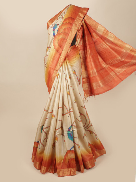 Pothys Cream-Coloured & Orange Floral Pure Silk Saree 
Pothys Cream-Coloured & Orange Floral Pure Silk Saree