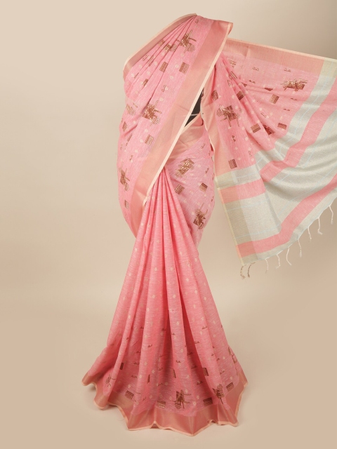 Pothys Pink & White Zari Linen Blend Saree