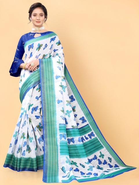 Viva N Diva White & Blue Printed Cotton Blend Saree
