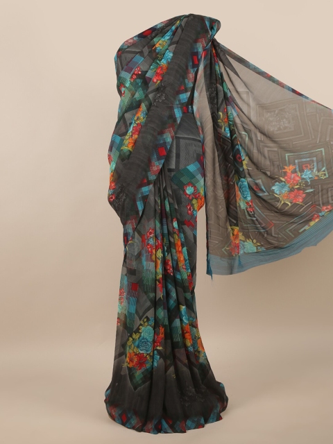Pothys Grey & Blue Floral Printed Saree